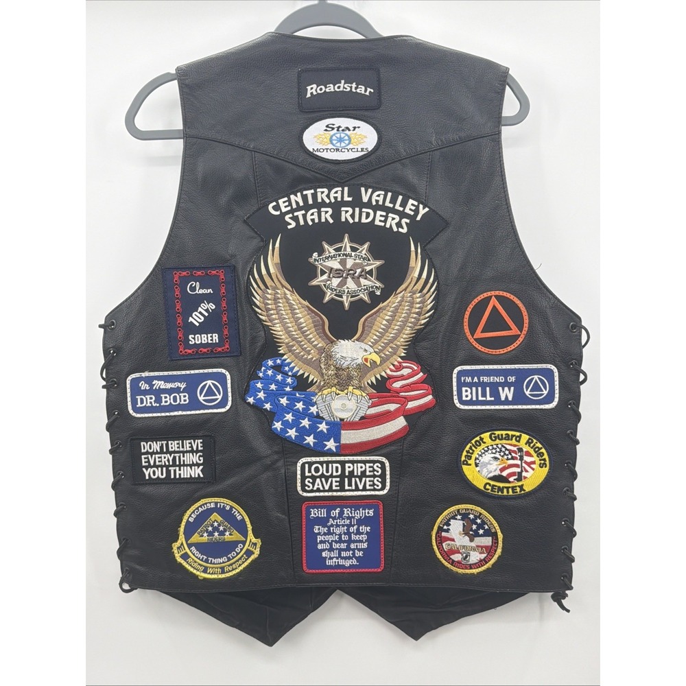 First Classics Black Leather Motorcycle Vest L-XL Womens w/Side Lacing Patches